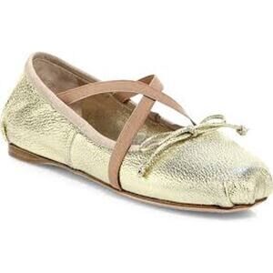 MIU MIU Gold Metallic Lamé Leather Ballet Flats Shoes Comfy Size 38 8 Bow Detail